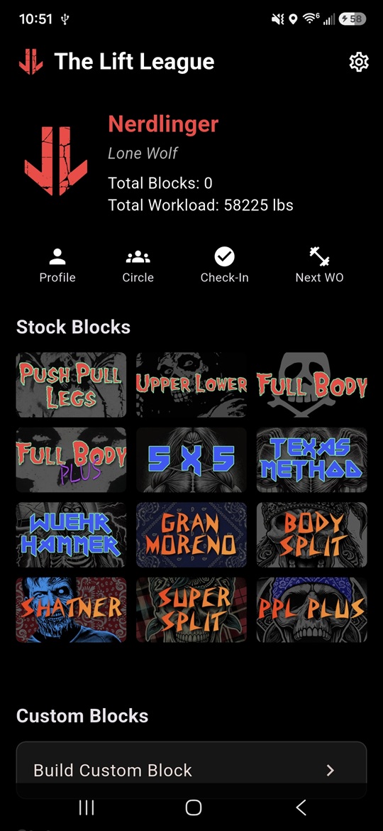 The Lift League home screen, where your training blocks, progress snapshots, badges, and next workout access