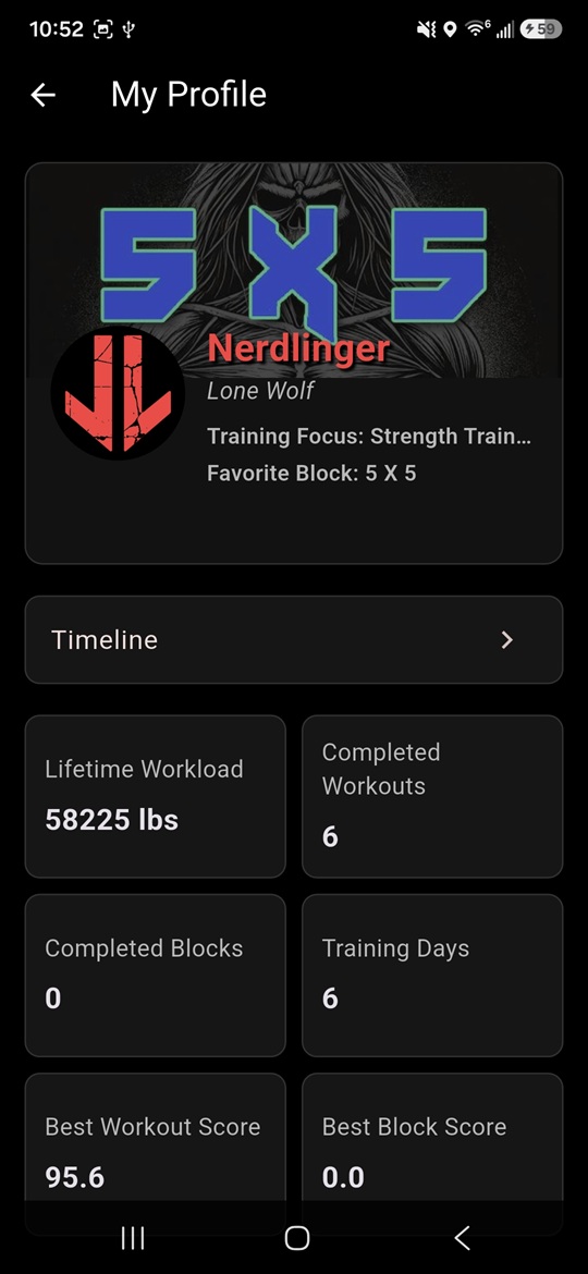 The Lift League profile screen with identity, totals, progress, and long-term training work